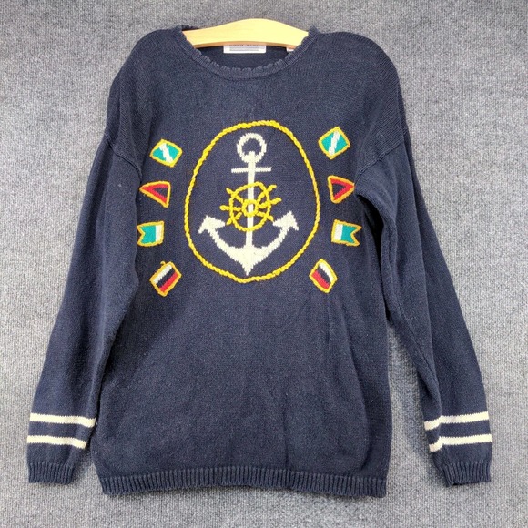 Karen Scott Womens Pullover Sweater Blue Medium Flags Nautical Shoulder Pads - Picture 2 of 13